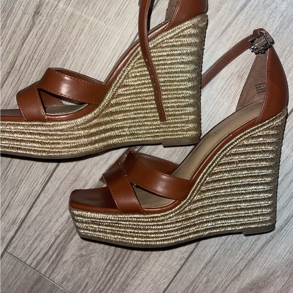 Thalia Sodi Brown Tan Wedge Sandals with Espadrille Heel